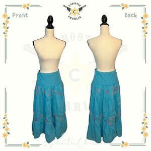 Vintage Women's Elan Size Medium Teal Tiered Maxi Skirt Floral Embroidery